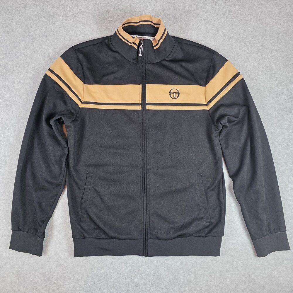 Sergio Tacchini Men's Track Jacket Size M Black Tan Colorblock Full Zip